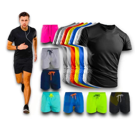 Kit Shorts Bermuda + Camiseta Fitness Corrida MASCULINA ALGODÃO 303 - Preto+Cinza