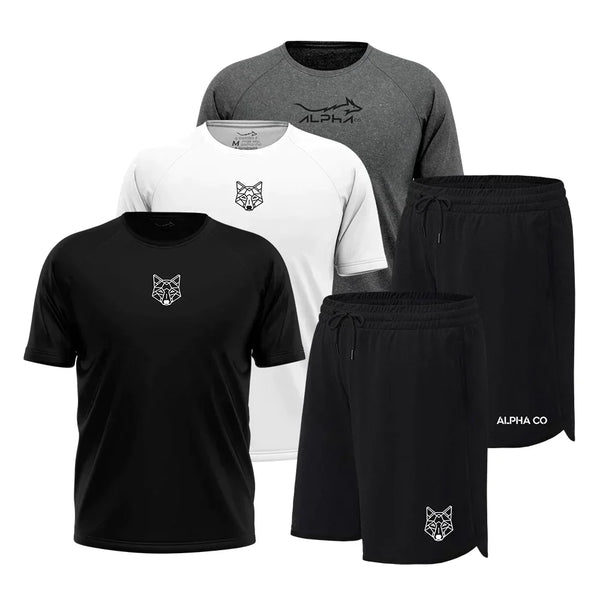KIT 5 PEÇAS DRY FIT: 3 CAMISETAS + 2 BERMUDAS