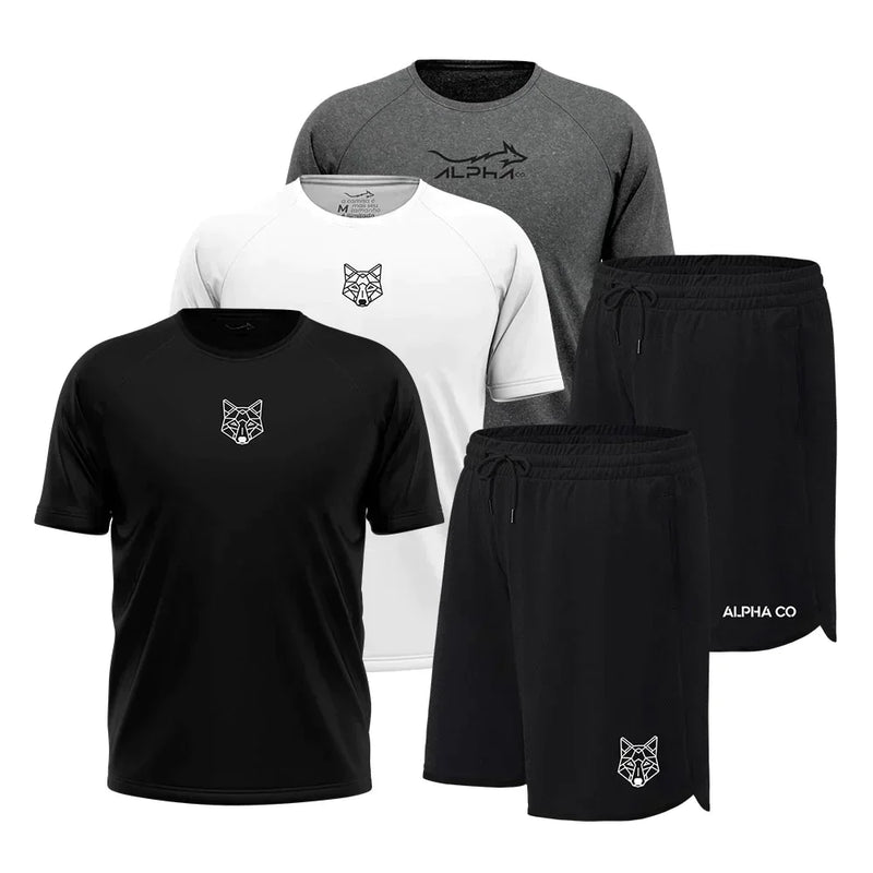 KIT 5 PEÇAS DRY FIT: 3 CAMISETAS + 2 BERMUDAS